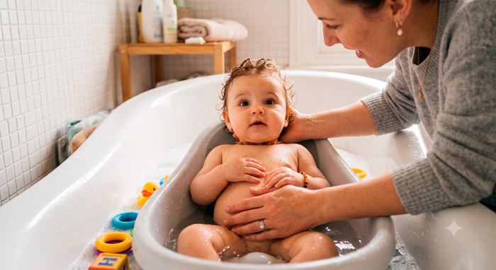 Bebé durante el baño con ayuda de su madre