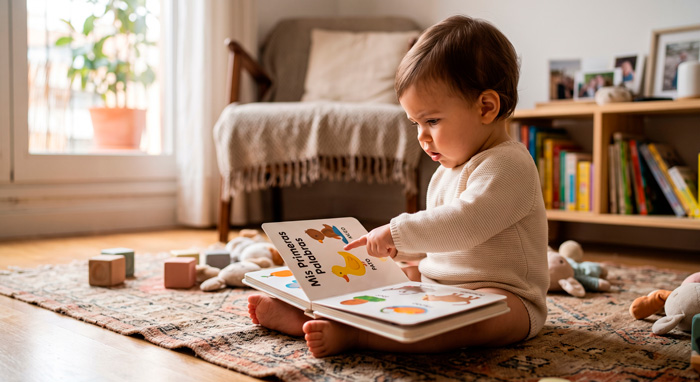 Bebé explorando un cuento ilustrado para estimular el desarrollo del lenguaje infantil.
