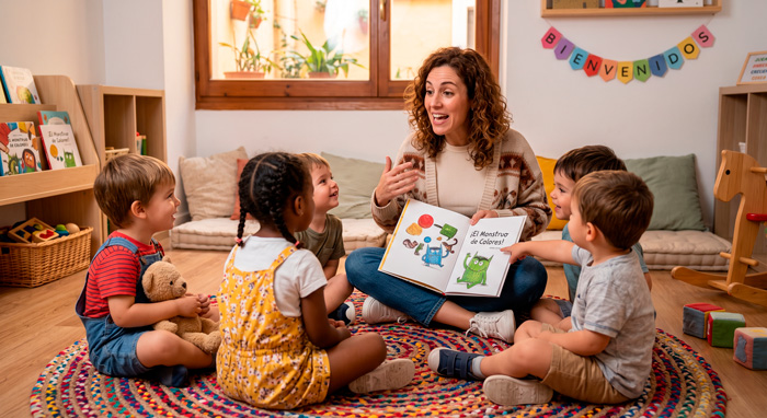 Educadora leyendo un cuento a un grupo de niños para estimular el lenguaje en la escuela infantil.