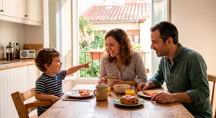 Niño pequeño conversando con sus padres durante el desayuno para desarrollar sus habilidades lingüísticas.