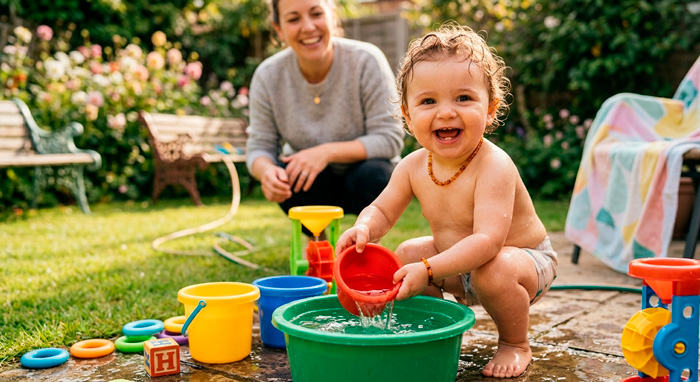 Bebé jugando con cubos y agua en el jardín