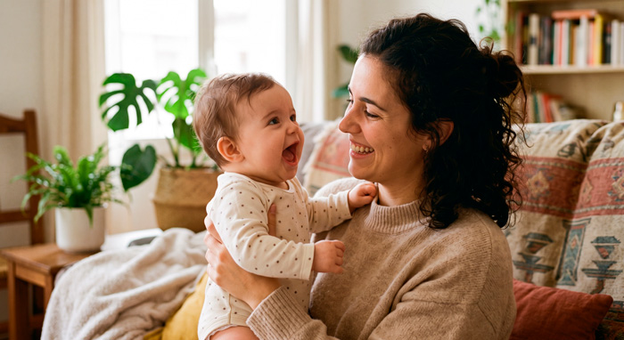 Bebé sonriendo y comunicándose con su madre durante el desarrollo de sus primeras palabras.